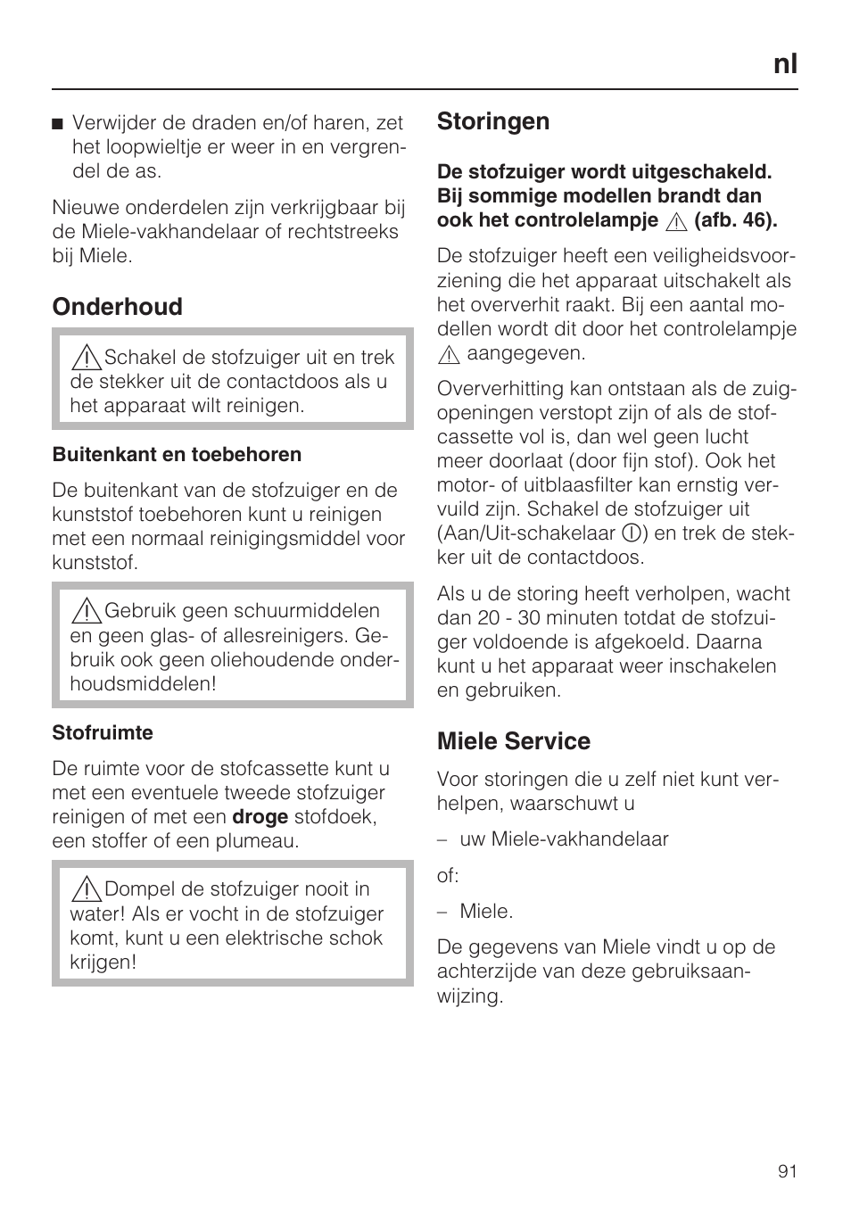 Onderhoud, Storingen, Miele service | Miele HS15 User Manual | Page 91 / 124
