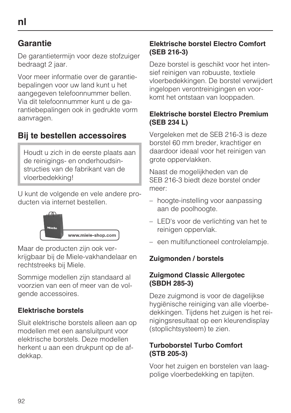 Garantie, Bij te bestellen accessoires | Miele HS15 User Manual | Page 92 / 124