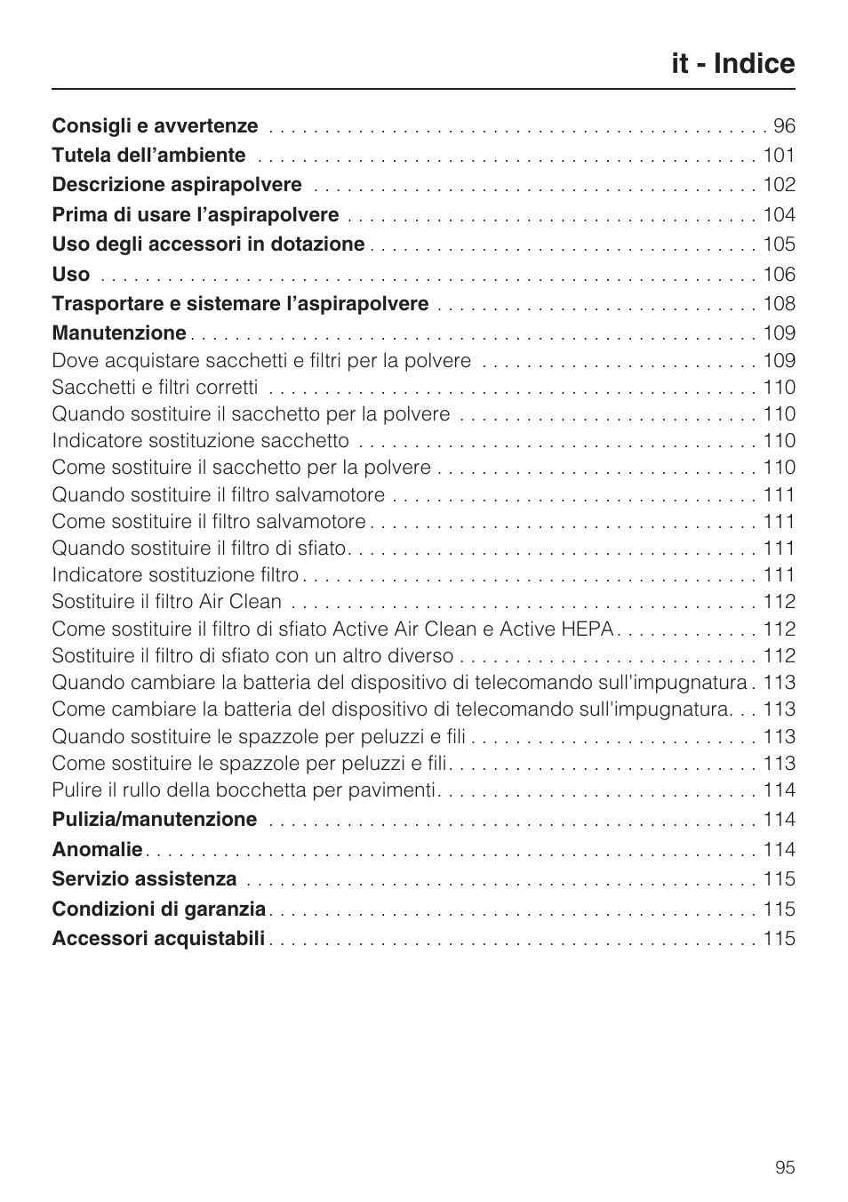 It - indice | Miele HS15 User Manual | Page 95 / 124