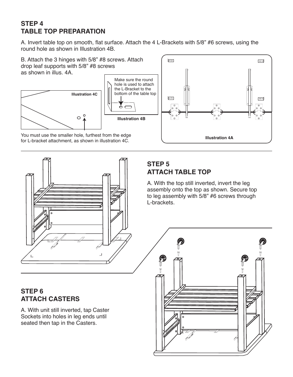 Step 5 attach table top, Step 6 attach casters, Step 4 table top preparation | Catskill Craftsmen 2008 User Manual | Page 8 / 11