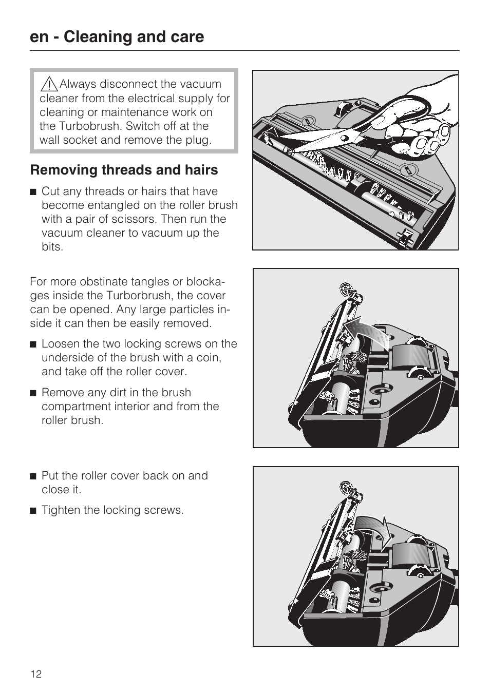 En - cleaning and care, Removing threads and hairs | Miele S 8730 Special User Manual | Page 12 / 76