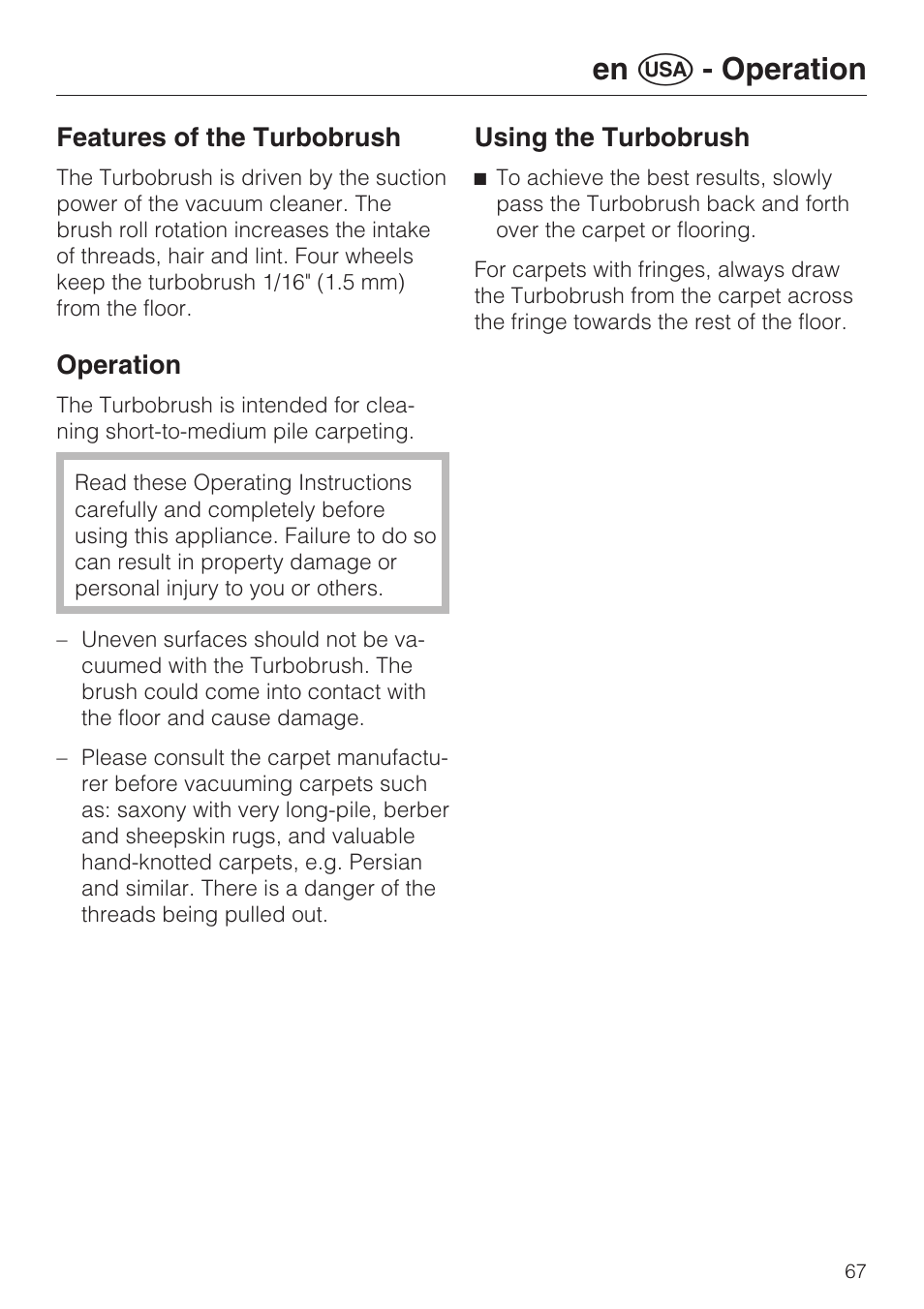 En u - operation | Miele S 8730 Special User Manual | Page 67 / 76