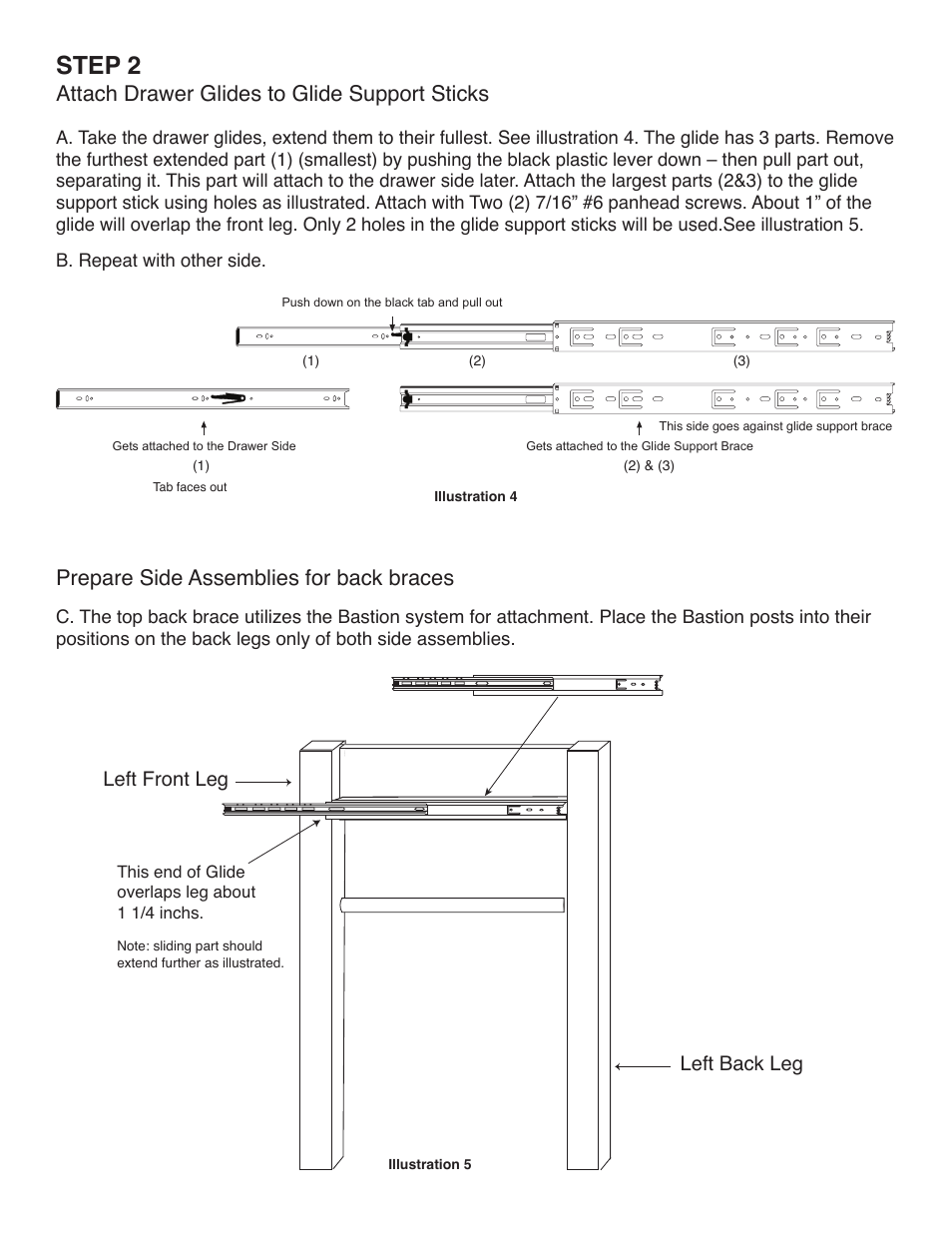 Step 2, Attach drawer glides to glide support sticks, Prepare side assemblies for back braces | Left back leg left front leg | Catskill Craftsmen 1476 User Manual | Page 6 / 13