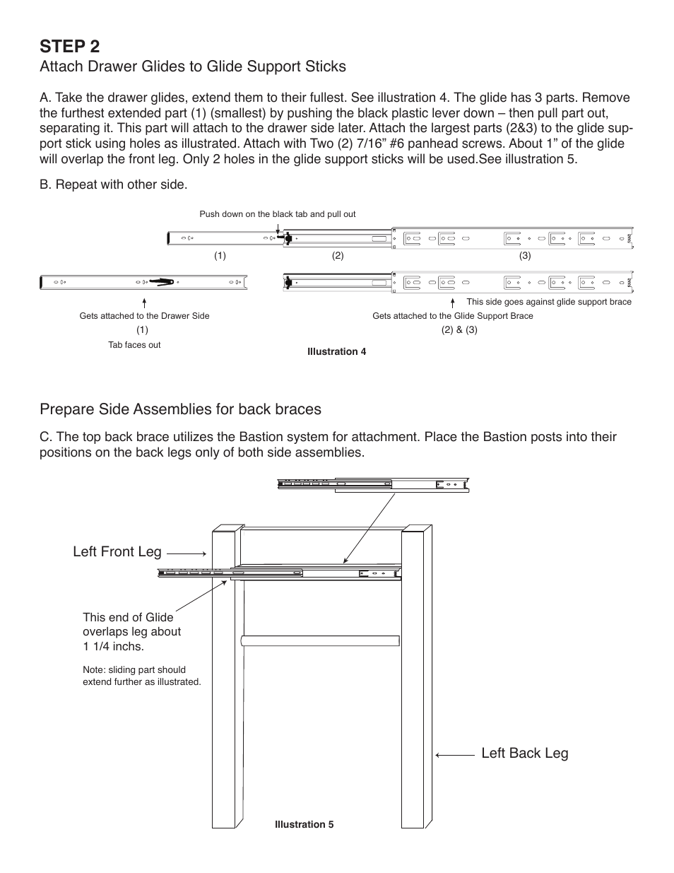 Step 2, Attach drawer glides to glide support sticks, Prepare side assemblies for back braces | Left back leg left front leg | Catskill Craftsmen 1470 User Manual | Page 6 / 12