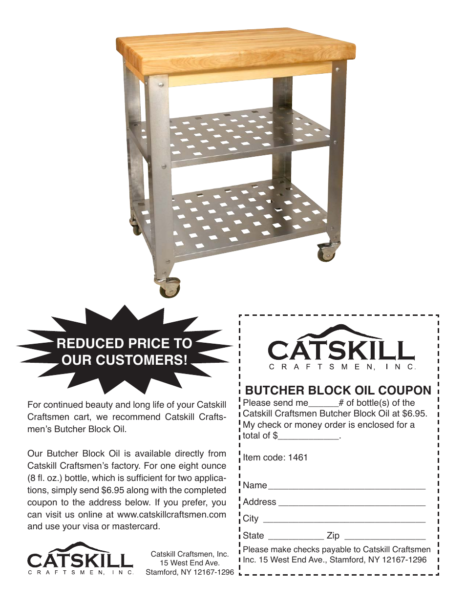 Reduced price to our customers, Butcher block oil coupon | Catskill Craftsmen 1461 User Manual | Page 8 / 8