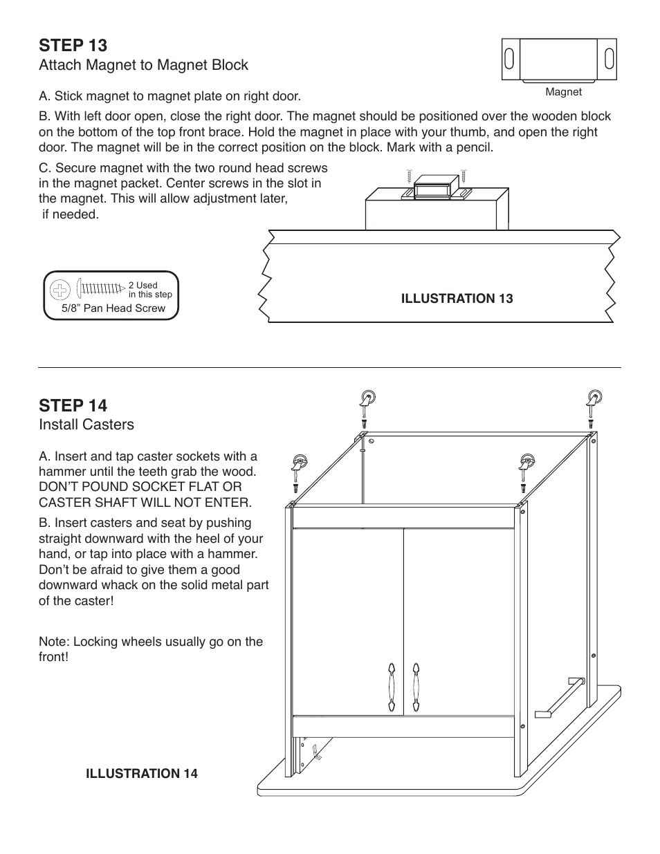 Step 13, Step 14, Attach magnet to magnet block | Install casters | Catskill Craftsmen 51524 User Manual | Page 10 / 12