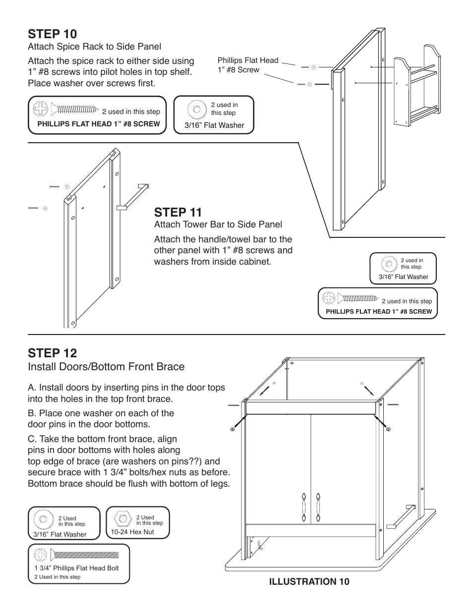 Step 10, Step 11, Step 12 | Install doors/bottom front brace, Illustration 10 | Catskill Craftsmen 51524 User Manual | Page 9 / 12