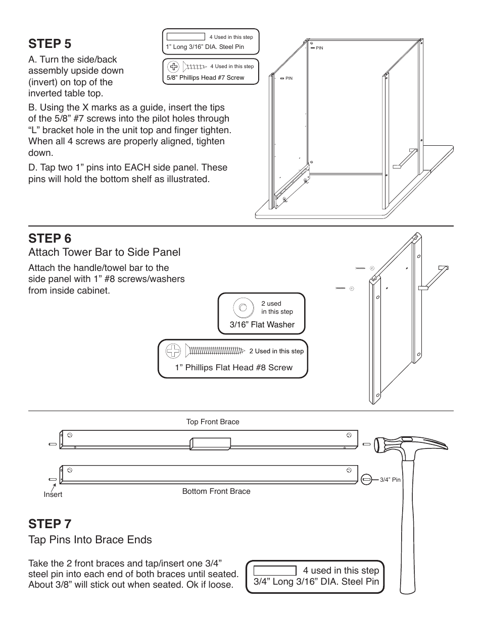Step 5, Step 6, Step 7 | Attach tower bar to side panel, Tap pins into brace ends | Catskill Craftsmen 51533 User Manual | Page 6 / 11