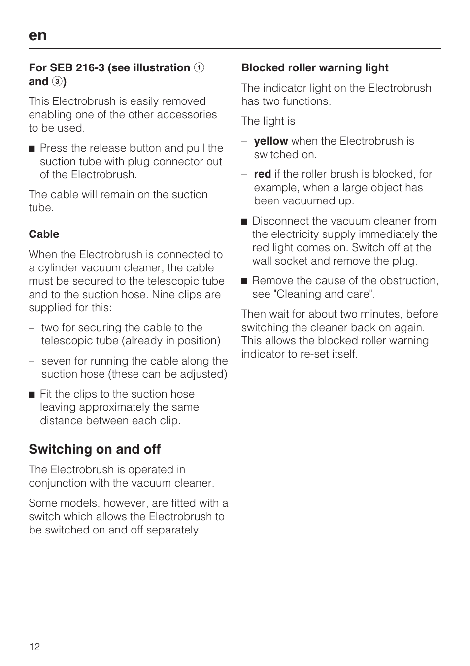 Switching on and off | Miele SEB 216 User Manual | Page 12 / 100