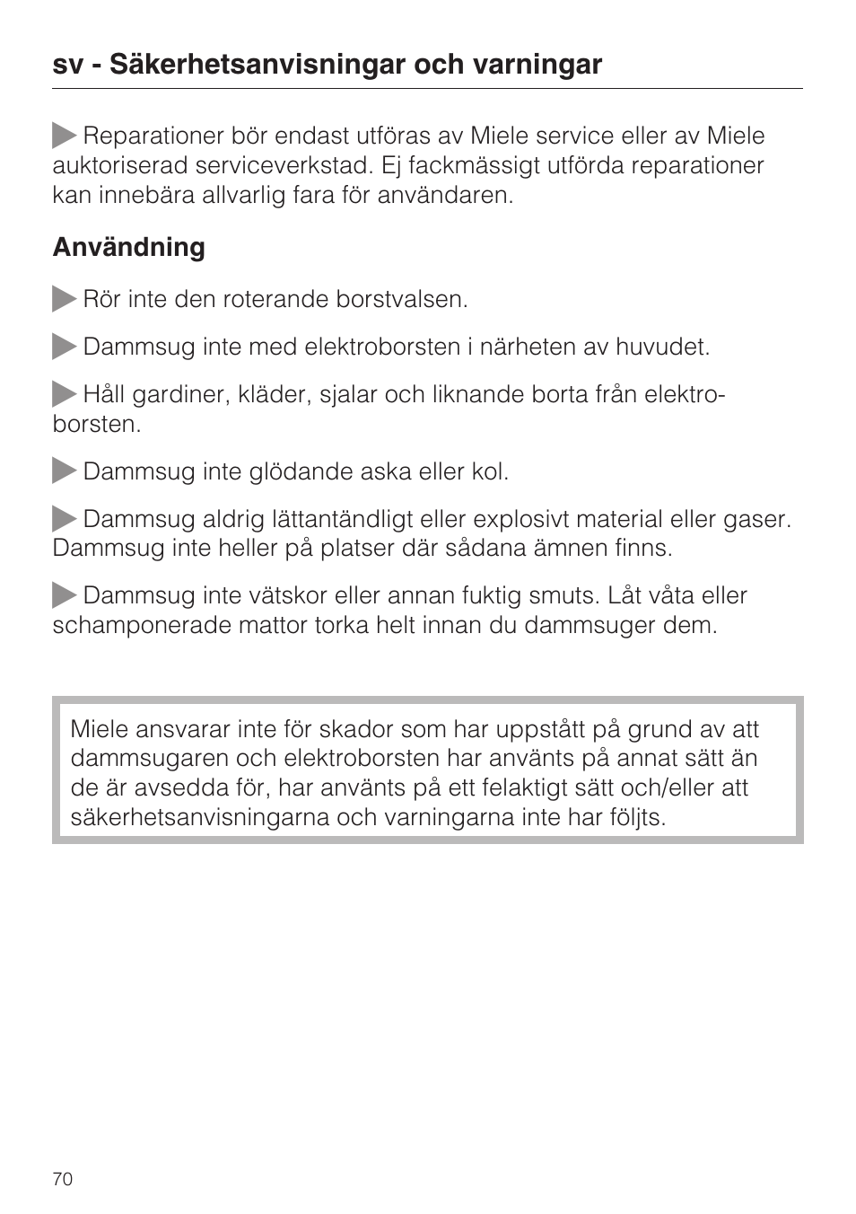 Miele SEB 216 User Manual | Page 70 / 100