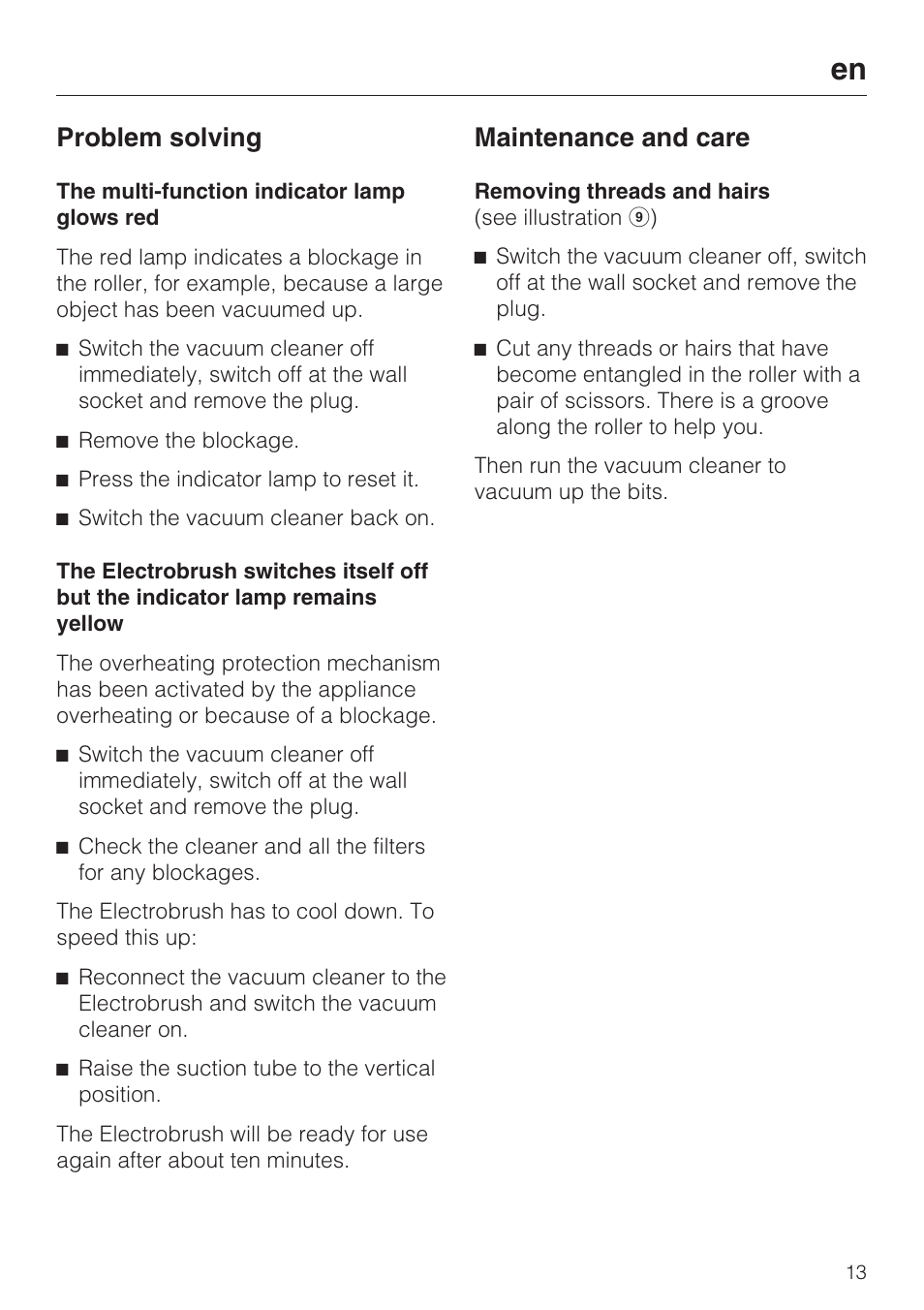 Problem solving, Maintenance and care | Miele SEB 234 L User Manual | Page 13 / 100