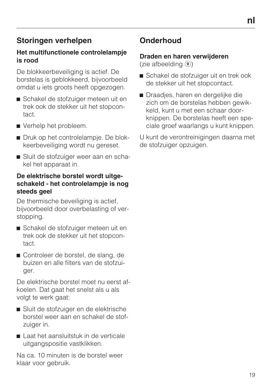 Storingen verhelpen, Onderhoud | Miele SEB 234 L User Manual | Page 19 / 100