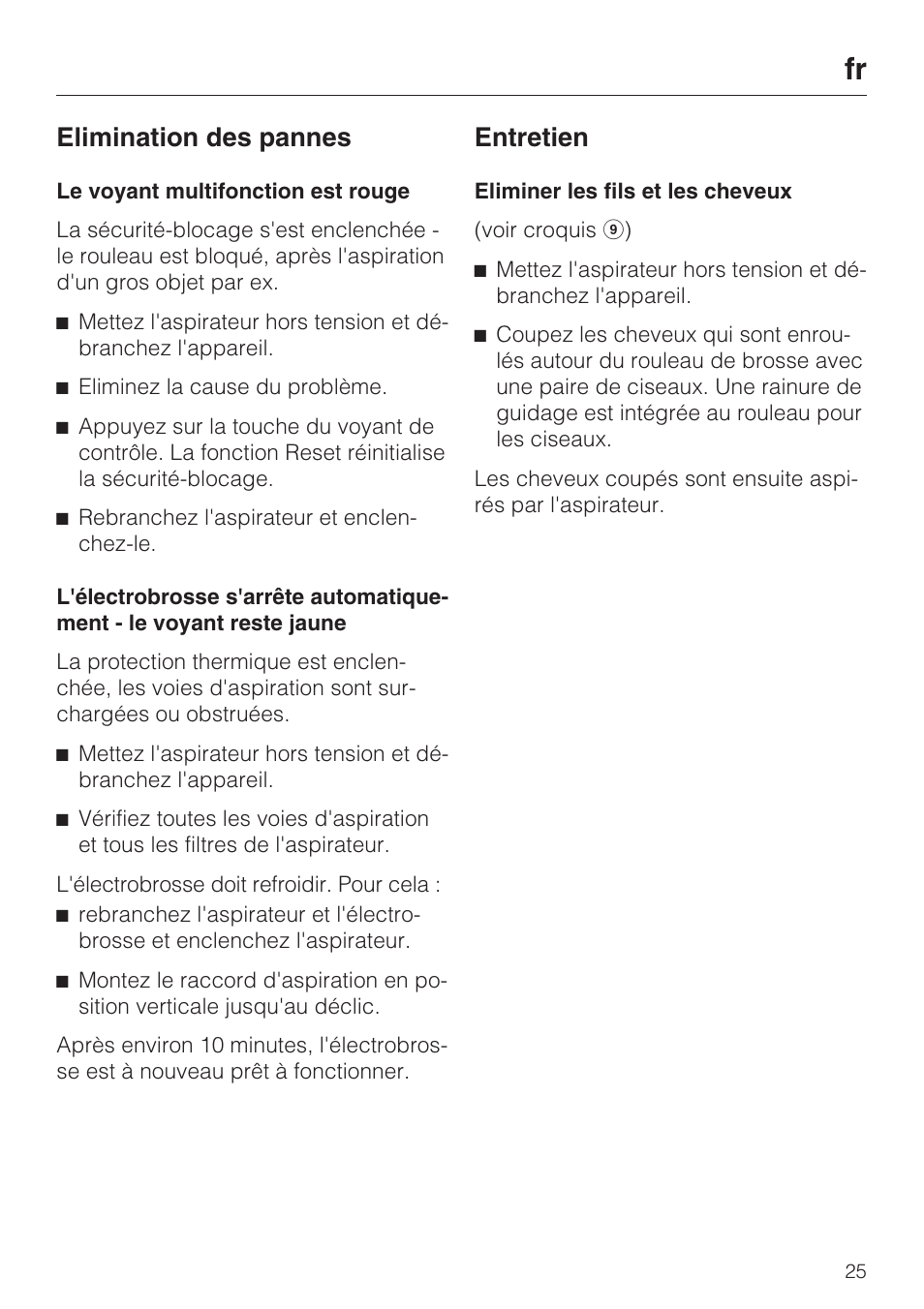 Elimination des pannes, Entretien | Miele SEB 234 L User Manual | Page 25 / 100