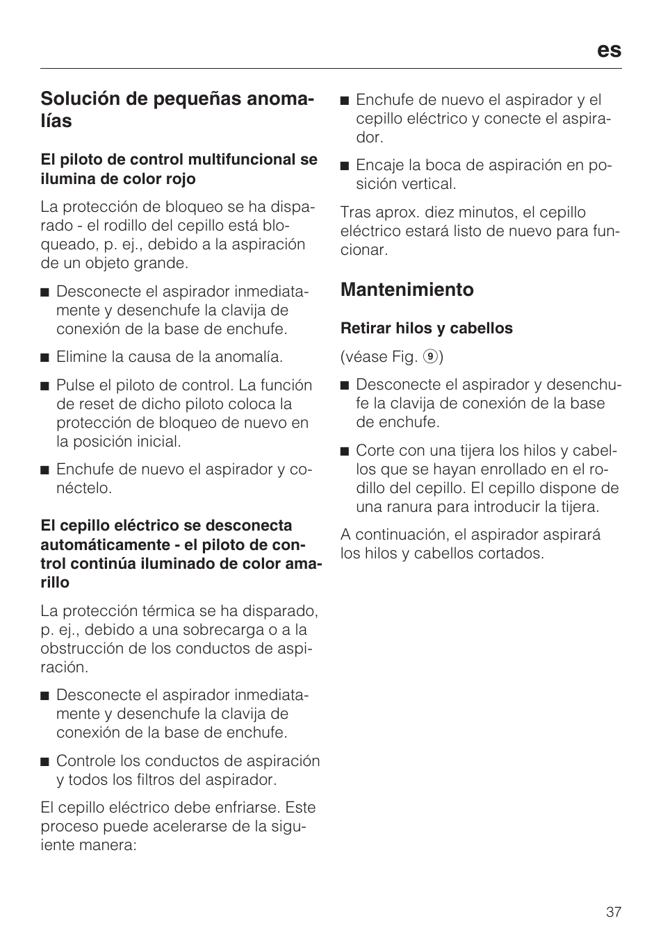 Solución de pequeñas anoma- lías, Mantenimiento | Miele SEB 234 L User Manual | Page 37 / 100