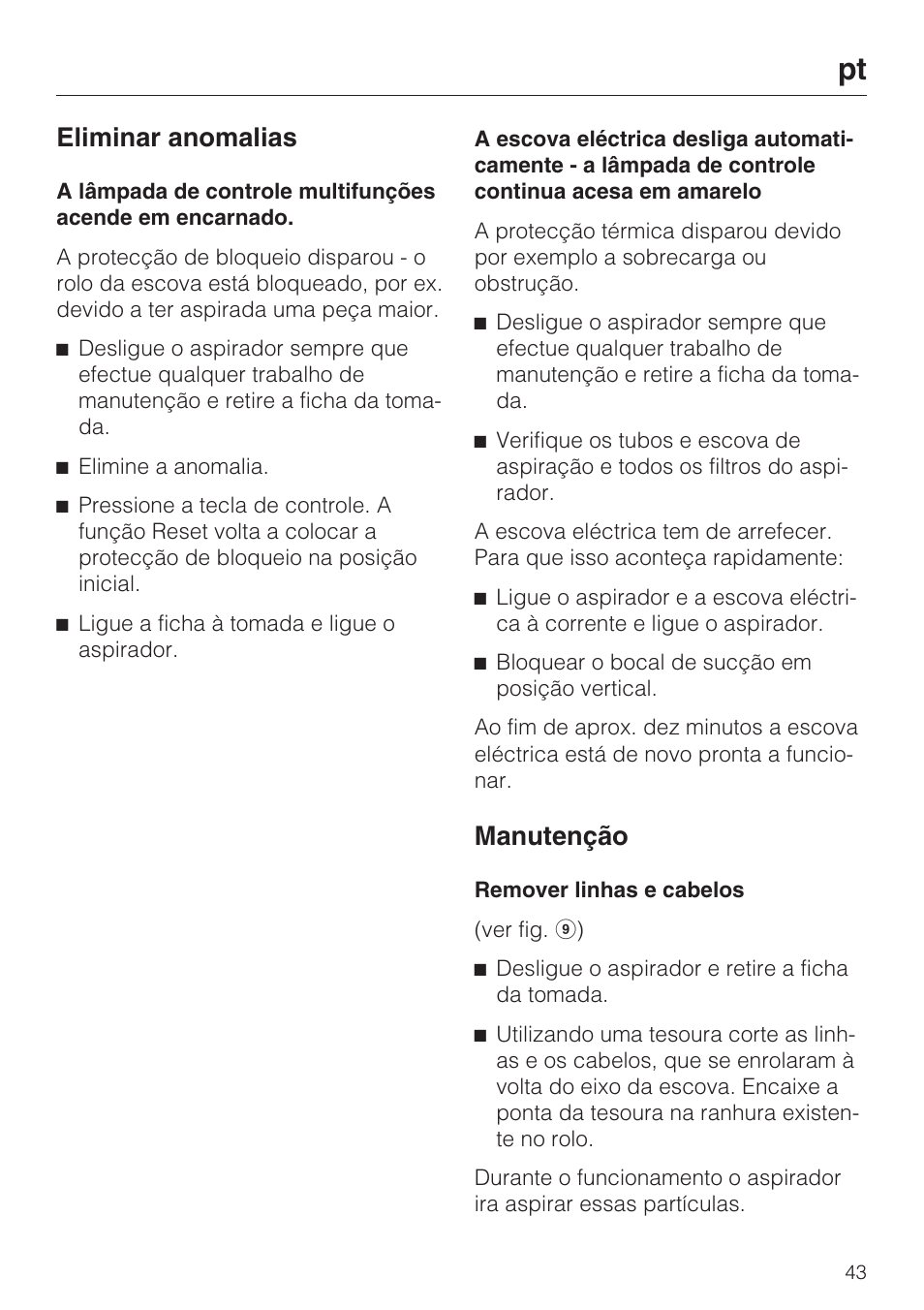 Eliminar anomalias, Manutenção | Miele SEB 234 L User Manual | Page 43 / 100