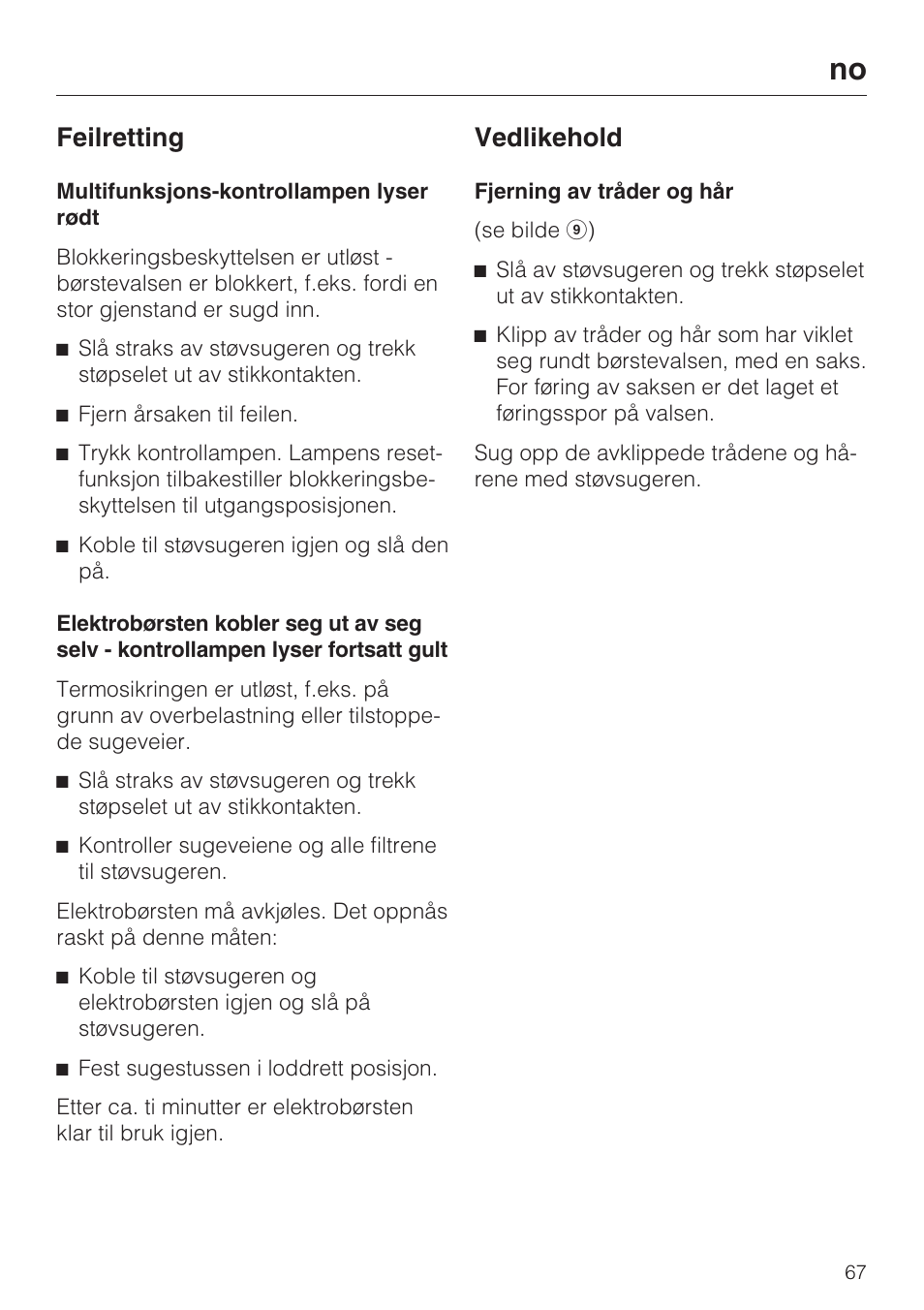 Feilretting, Vedlikehold | Miele SEB 234 L User Manual | Page 67 / 100