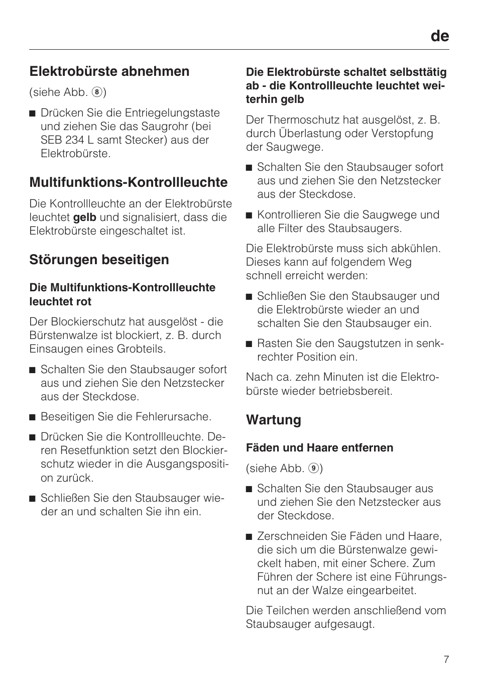 Elektrobürste abnehmen, Multifunktions-kontrollleuchte, Störungen beseitigen | Wartung | Miele SEB 234 L User Manual | Page 7 / 100