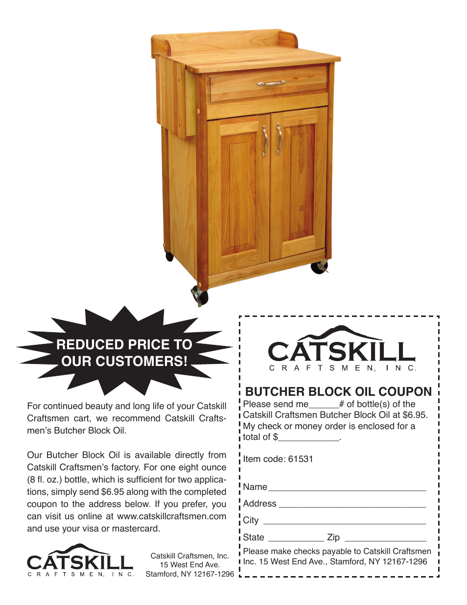 Reduced price to our customers, Butcher block oil coupon | Catskill Craftsmen 61531 User Manual | Page 13 / 13