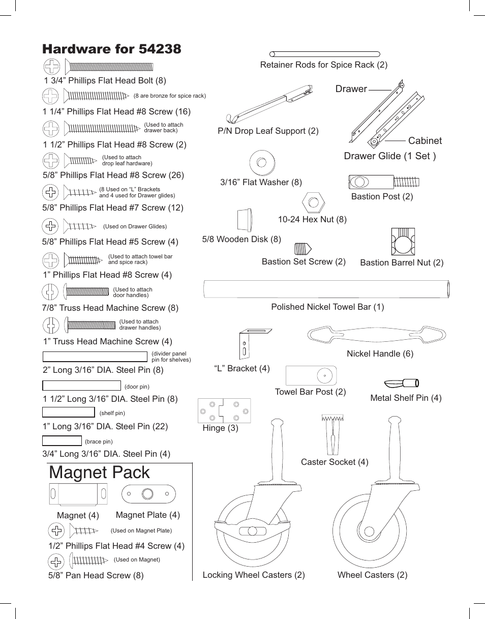 Magnet pack, Drawer glide (1 set ) drawer cabinet | Catskill Craftsmen 54238 User Manual | Page 3 / 14