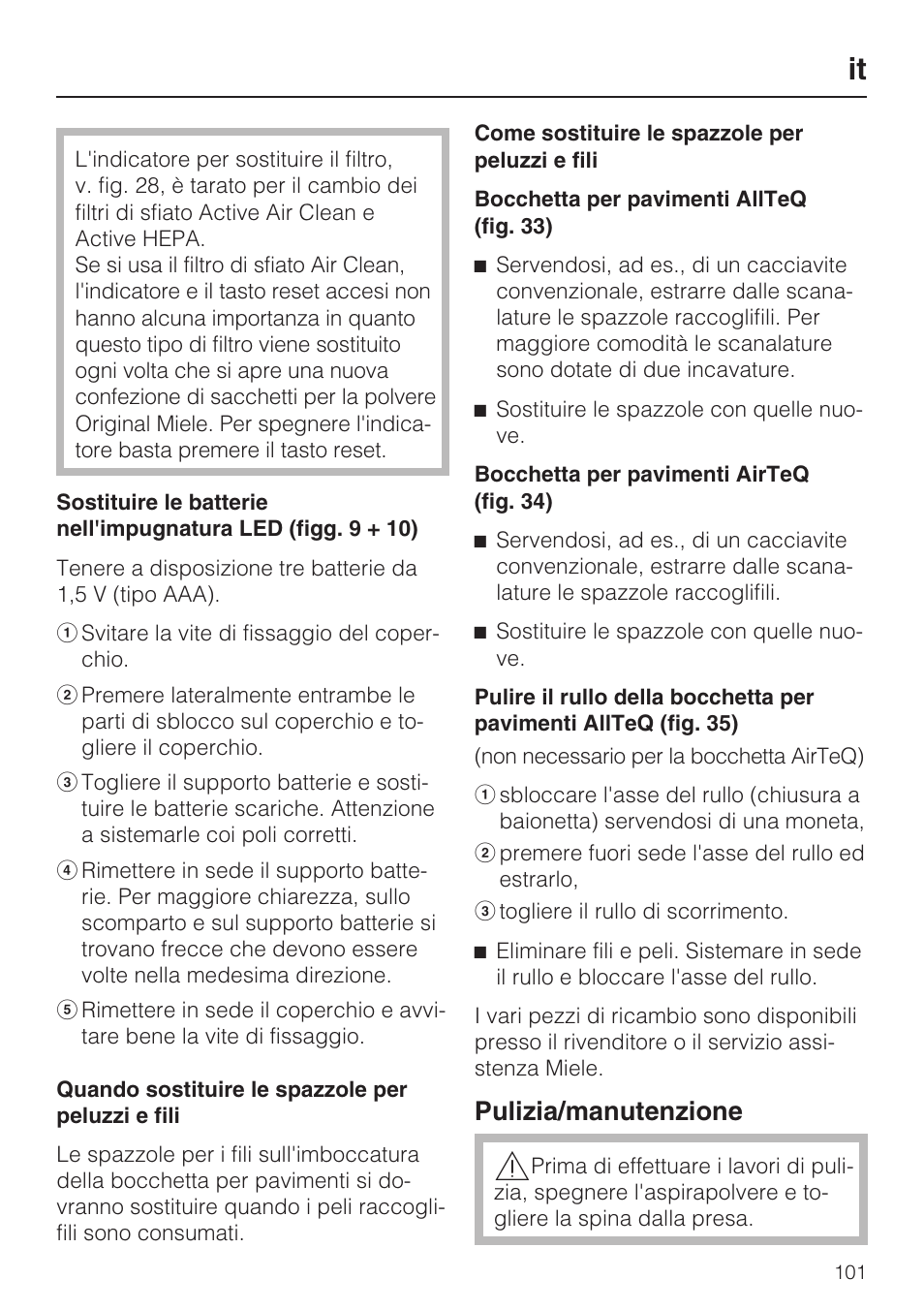 Pulizia/manutenzione | Miele S8 UniQ User Manual | Page 101 / 112