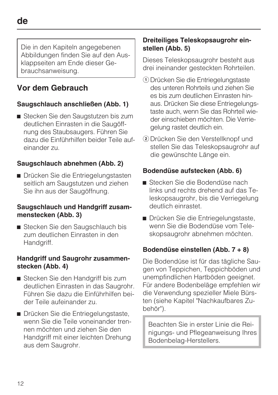 Vor dem gebrauch | Miele S8 UniQ User Manual | Page 12 / 112
