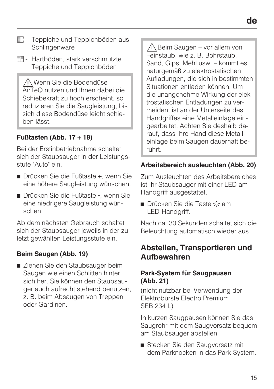 Abstellen, transportieren und aufbewahren | Miele S8 UniQ User Manual | Page 15 / 112