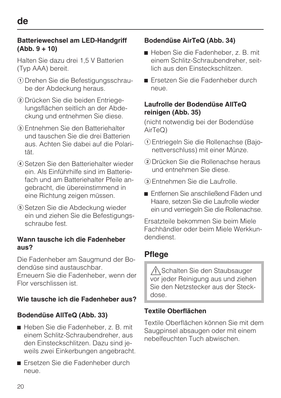 Pflege | Miele S8 UniQ User Manual | Page 20 / 112