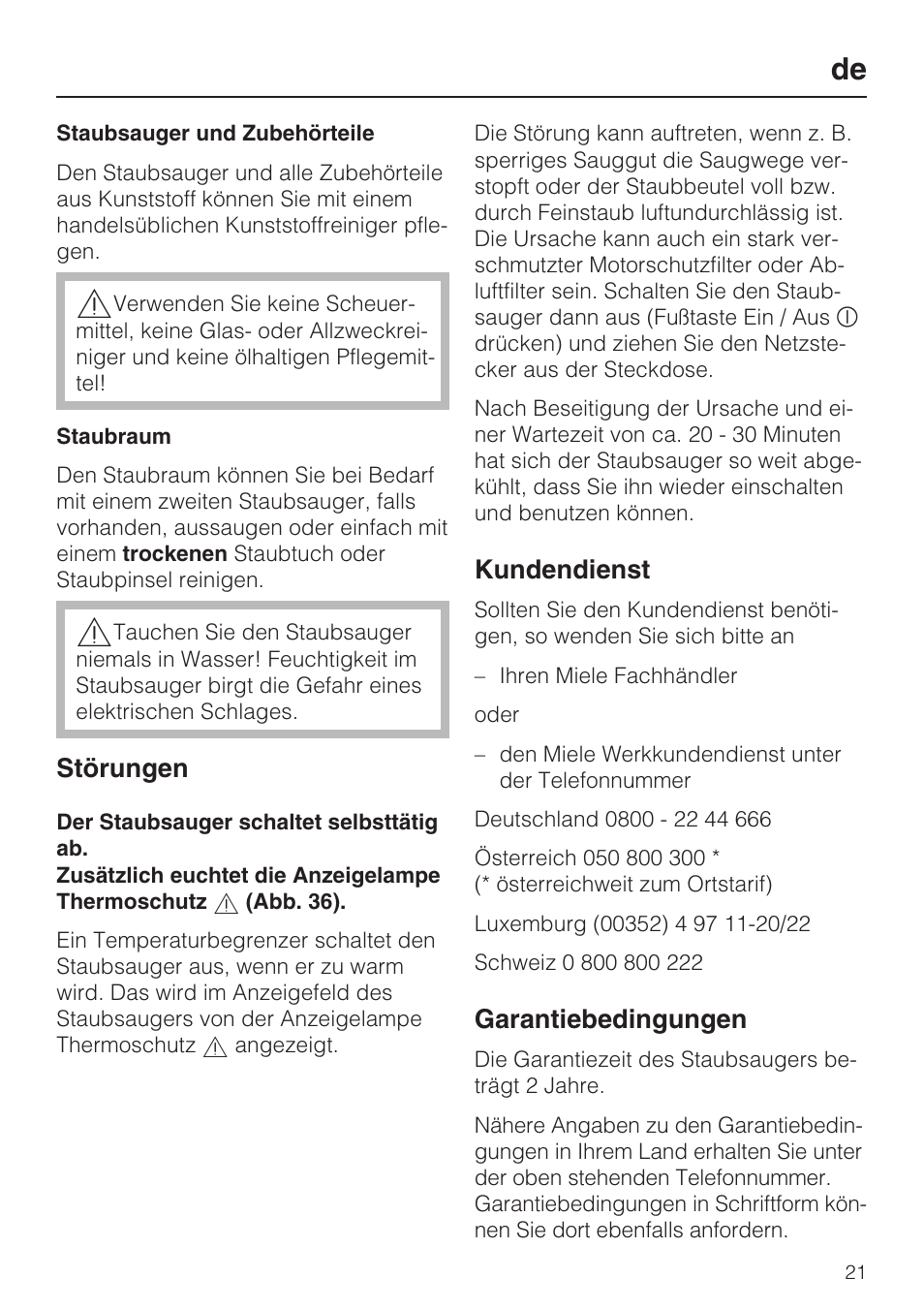 Störungen, Kundendienst, Garantiebedingungen | Miele S8 UniQ User Manual | Page 21 / 112