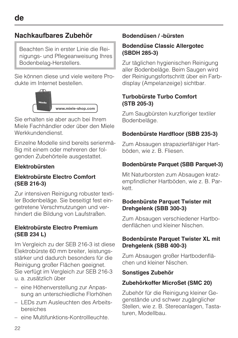 Nachkaufbares zubehör | Miele S8 UniQ User Manual | Page 22 / 112