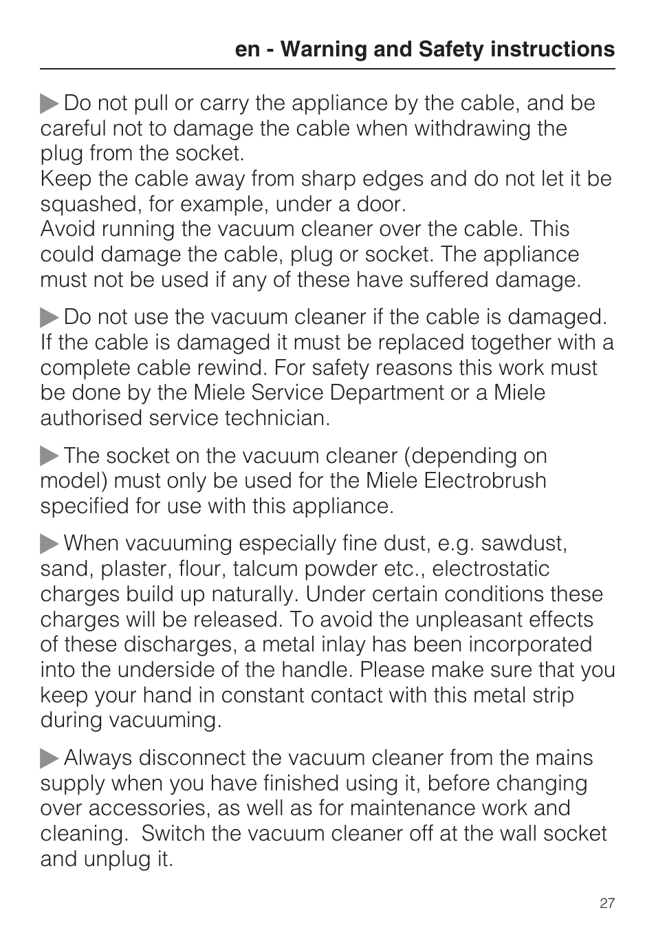 Miele S8 UniQ User Manual | Page 27 / 112
