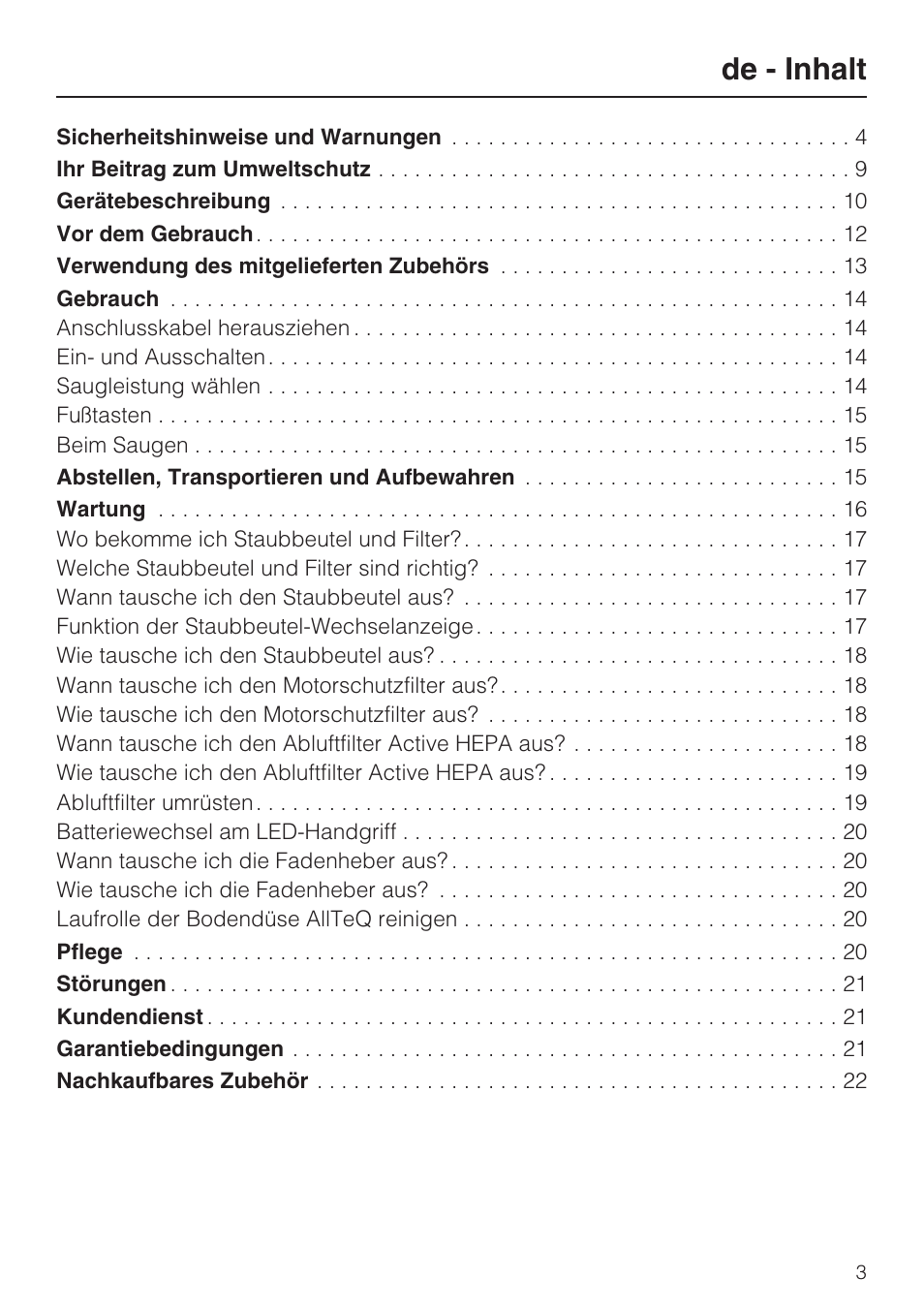 De - inhalt | Miele S8 UniQ User Manual | Page 3 / 112