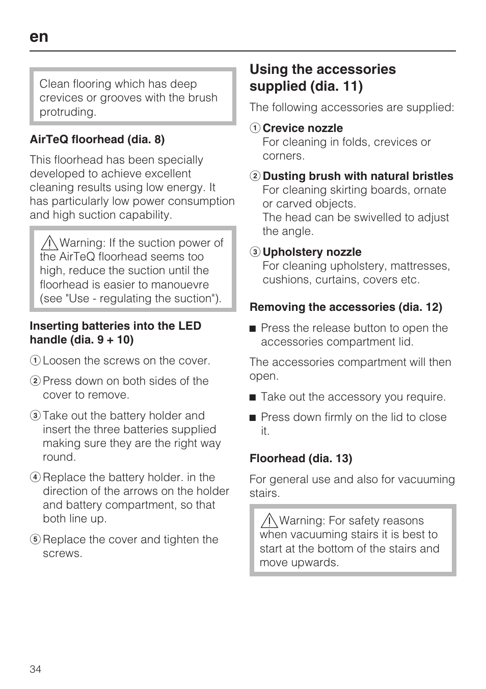 Using the accessories supplied (dia. 11) | Miele S8 UniQ User Manual | Page 34 / 112