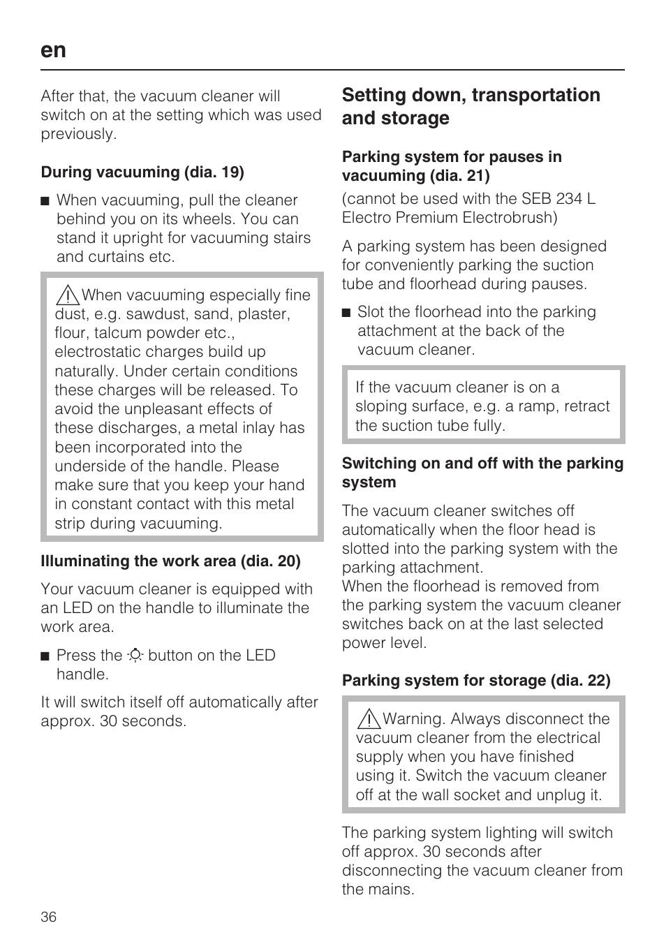 Setting down, transportation and storage | Miele S8 UniQ User Manual | Page 36 / 112