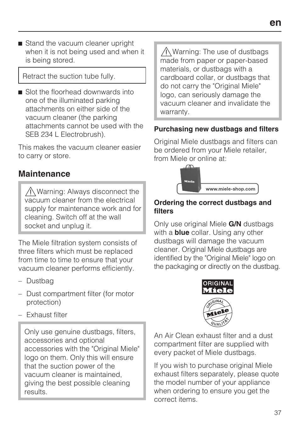 Maintenance | Miele S8 UniQ User Manual | Page 37 / 112