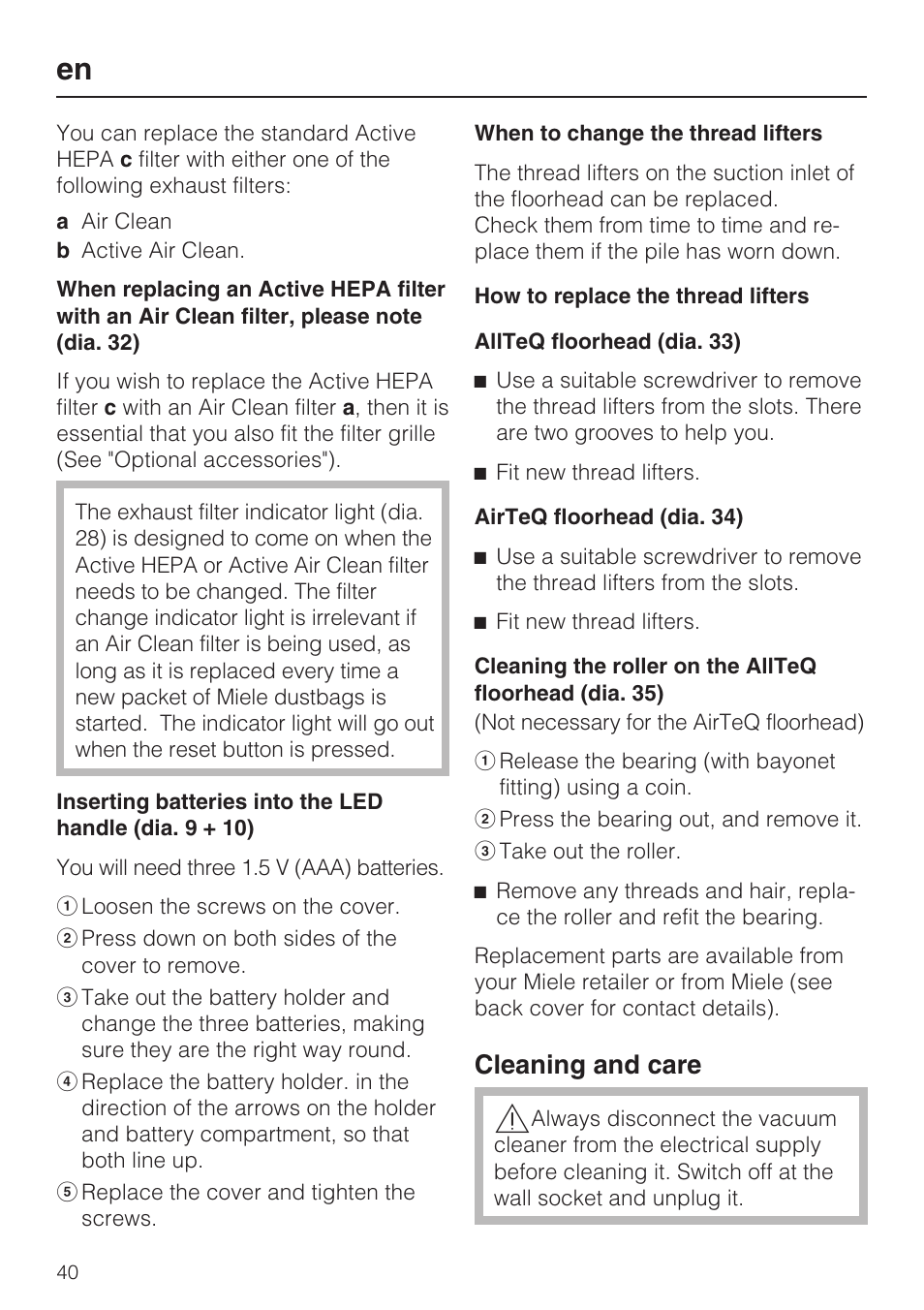 Cleaning and care | Miele S8 UniQ User Manual | Page 40 / 112