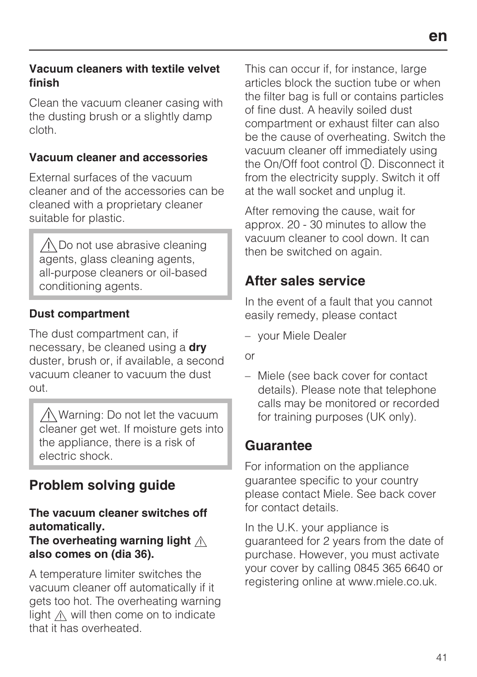 Problem solving guide, After sales service, Guarantee | Miele S8 UniQ User Manual | Page 41 / 112