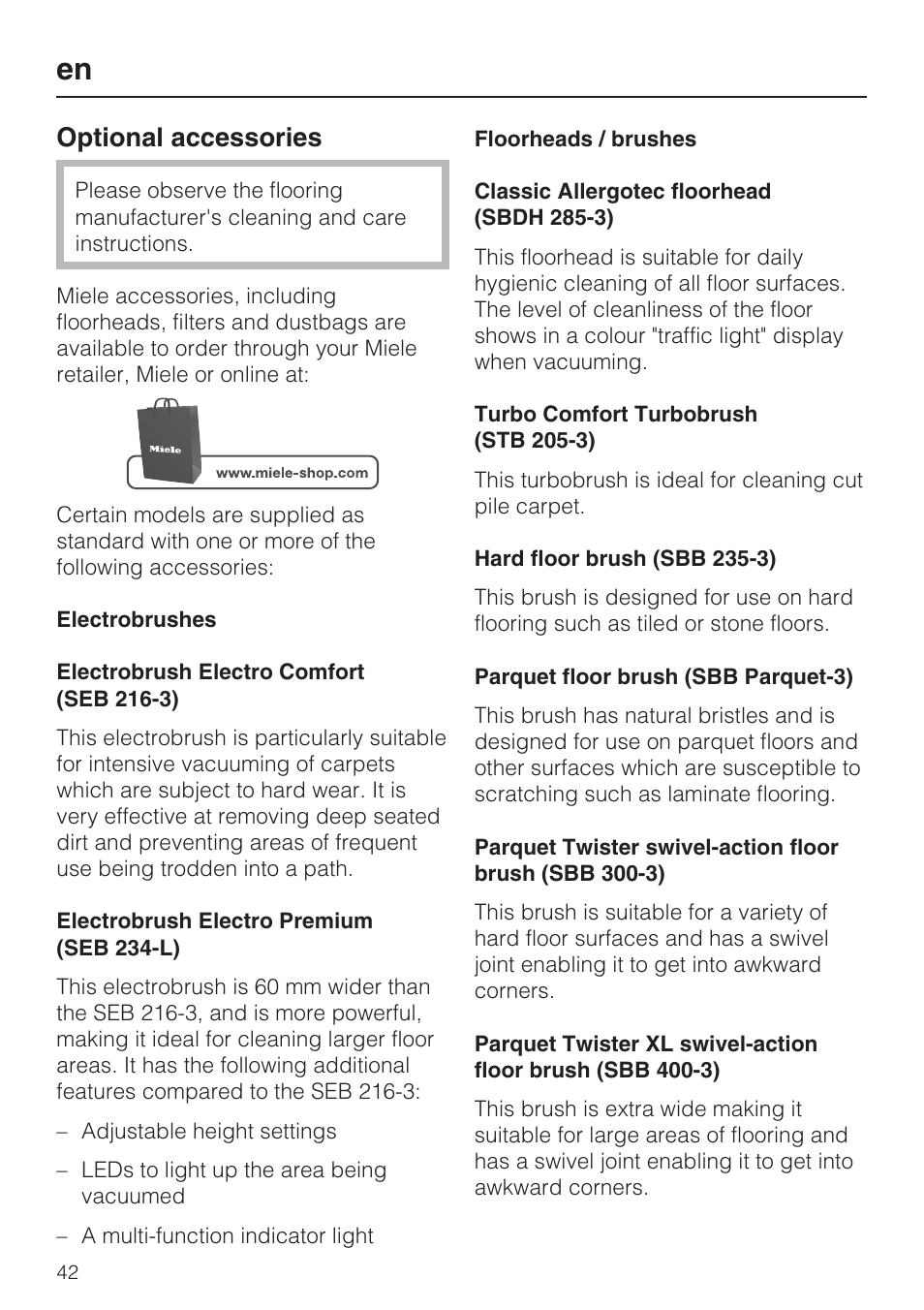 Optional accessories | Miele S8 UniQ User Manual | Page 42 / 112