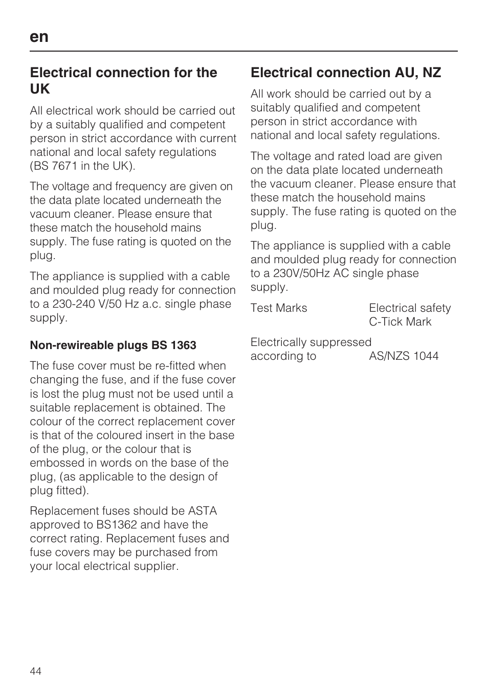 Electrical connection for the uk, Electrical connection au, nz | Miele S8 UniQ User Manual | Page 44 / 112