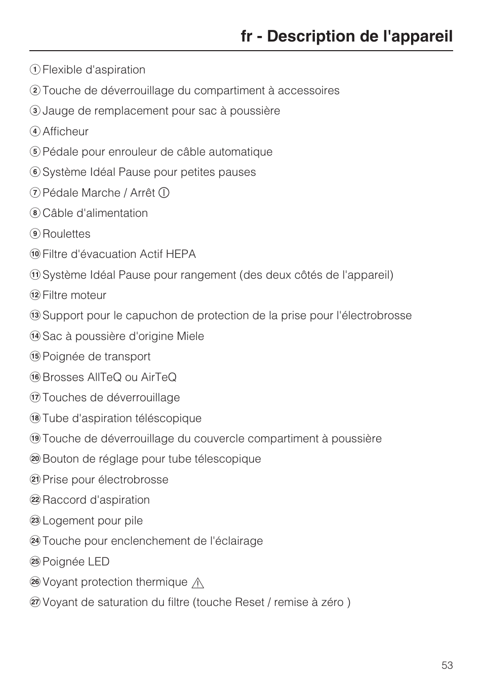 Fr - description de l'appareil | Miele S8 UniQ User Manual | Page 53 / 112