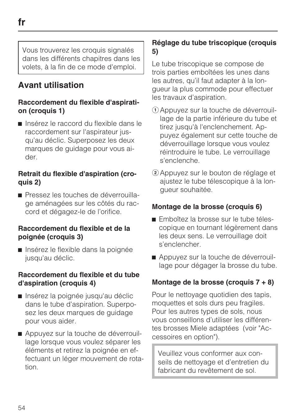 Avant utilisation | Miele S8 UniQ User Manual | Page 54 / 112