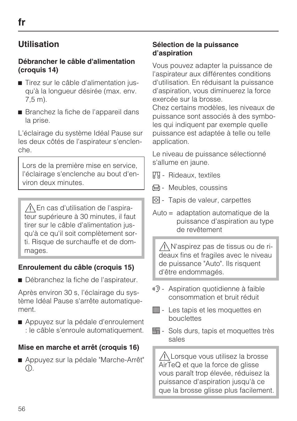 Utilisation | Miele S8 UniQ User Manual | Page 56 / 112