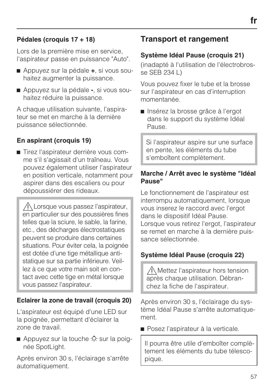 Transport et rangement | Miele S8 UniQ User Manual | Page 57 / 112