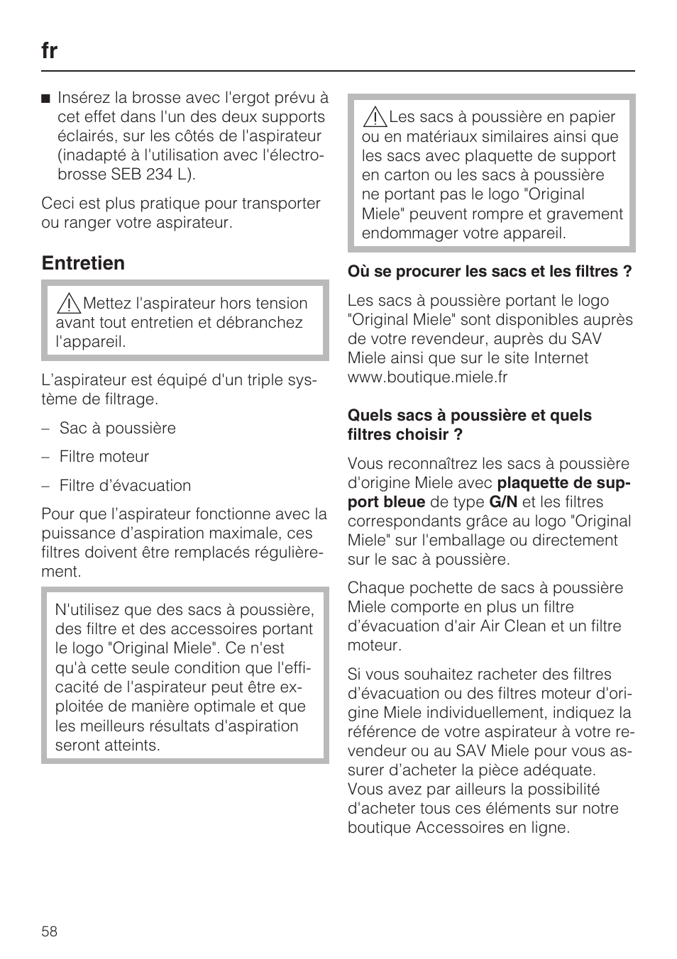 Entretien | Miele S8 UniQ User Manual | Page 58 / 112