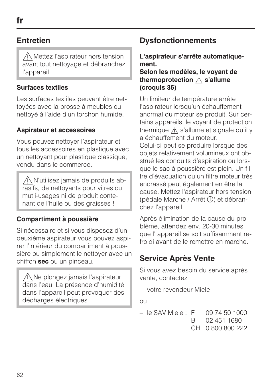 Entretien, Dysfonctionnements, Service après vente | Miele S8 UniQ User Manual | Page 62 / 112