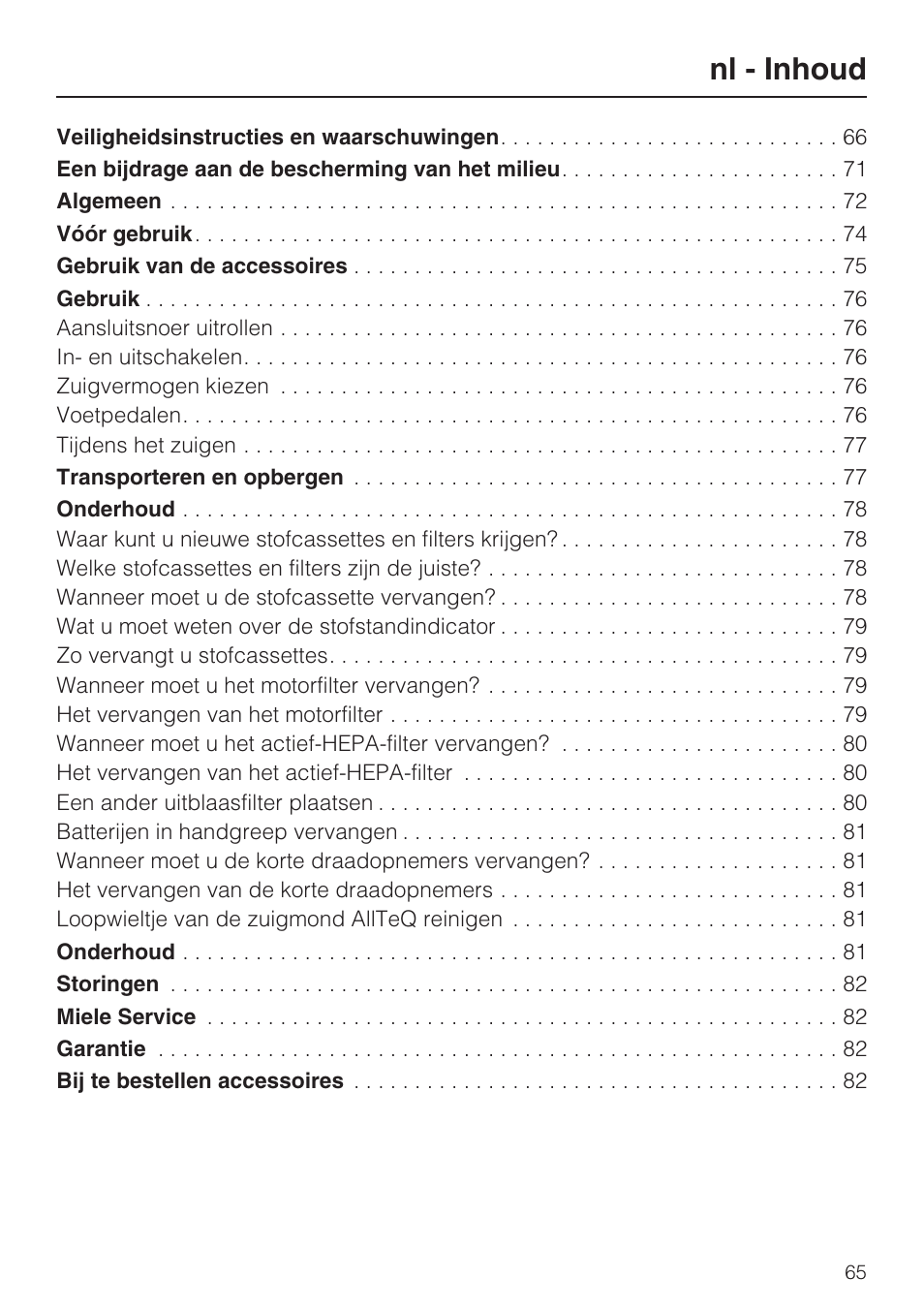 Nl - inhoud | Miele S8 UniQ User Manual | Page 65 / 112
