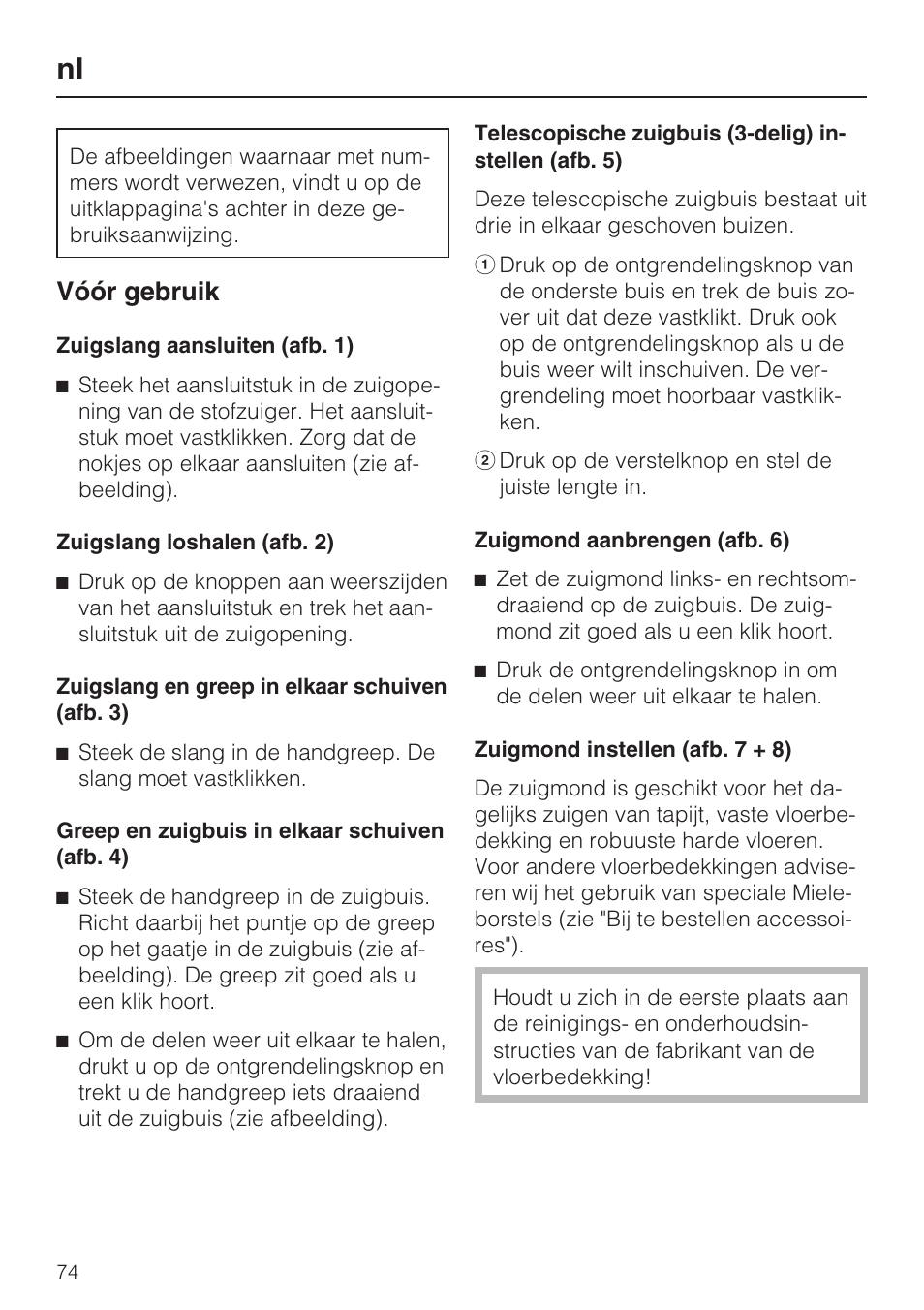 Vóór gebruik | Miele S8 UniQ User Manual | Page 74 / 112