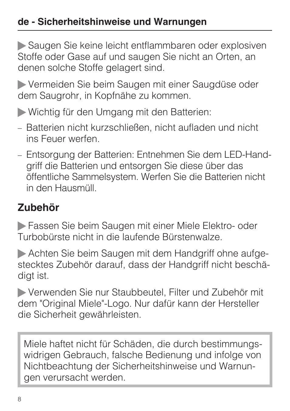 Miele S8 UniQ User Manual | Page 8 / 112