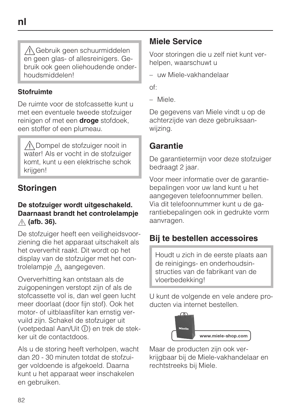 Storingen, Miele service, Garantie | Bij te bestellen accessoires | Miele S8 UniQ User Manual | Page 82 / 112