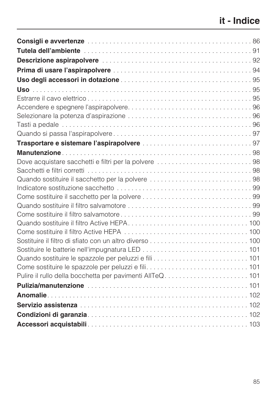It - indice | Miele S8 UniQ User Manual | Page 85 / 112