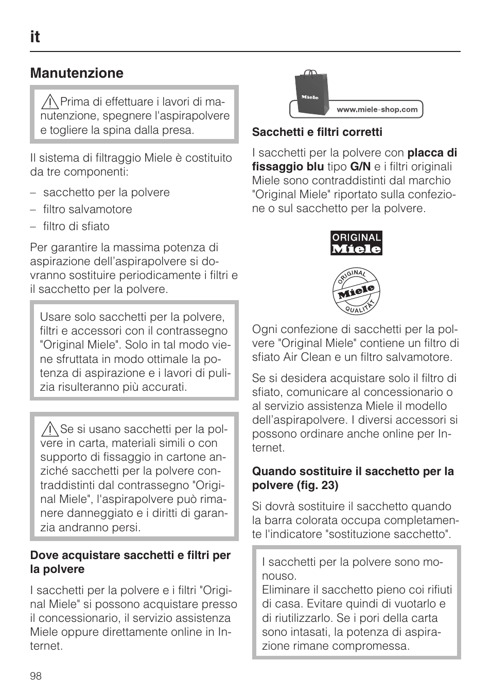 Manutenzione | Miele S8 UniQ User Manual | Page 98 / 112